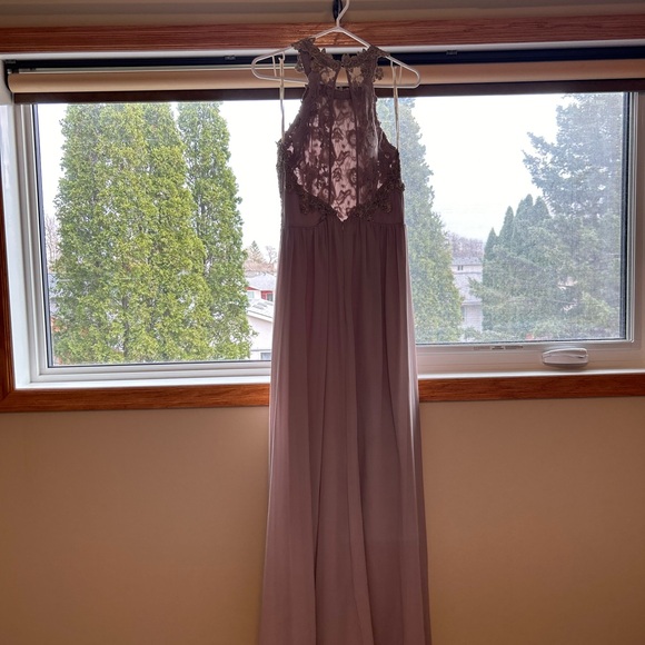 Long formal chiffon halter greyish/purple dress with gold lace details - Picture 3 of 4